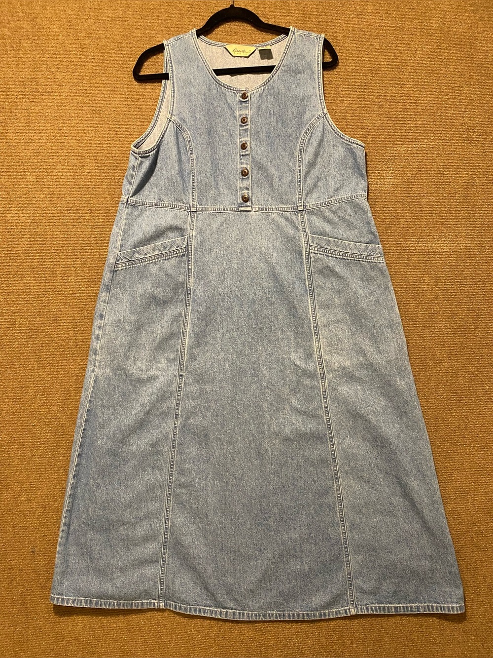 Vintage Eddie Bauer Denim Button-Front Midi Jumper Dress Pockets Size Large